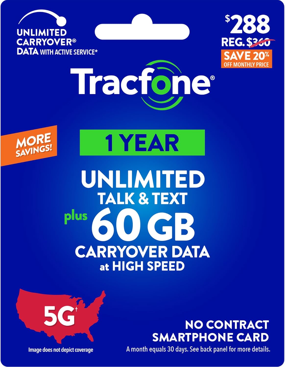 Tracfone $288 Unlimited Talk & Text Plus 60 GB of Data Annual Prepaid Plan(Physical Delivery)