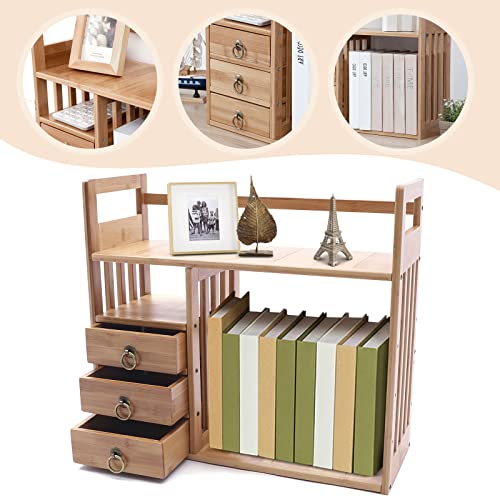 Bamboo Desktop Bookshelf with 3 Drawers, Nut-Brown B80264