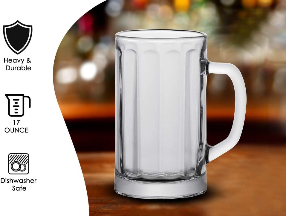 Vikko 17 oz Beer Glass Mugs, Set of 6, Clear with Handle V847