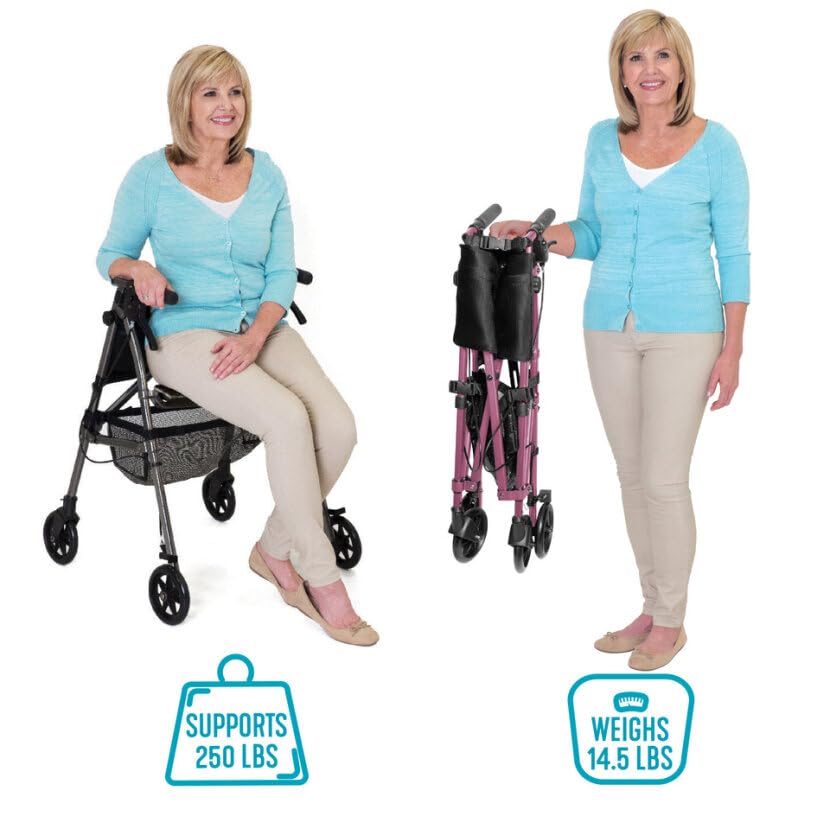 Stander Wonder Rollator Plus Short Lightweight Folding Walker with Seat, Cobalt Blue O5298