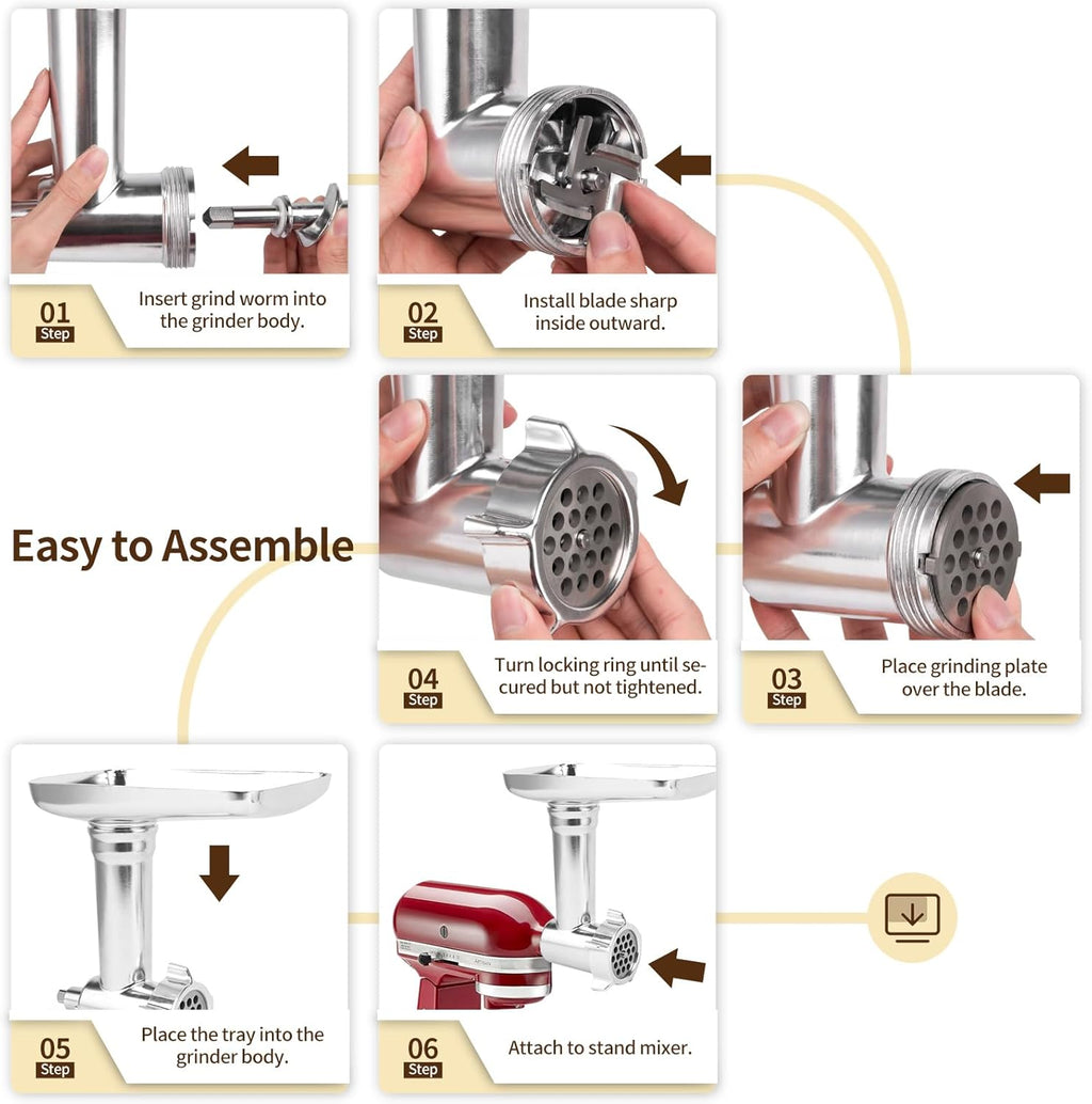 Meat Grinder Attachment for KitchenAid Stand Mixer, Silver, 3 Sausage Stuffer Tubes A671