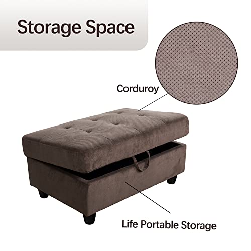 Corduroy L-Shaped Sectional Sofa with Ottoman, Brown E8673