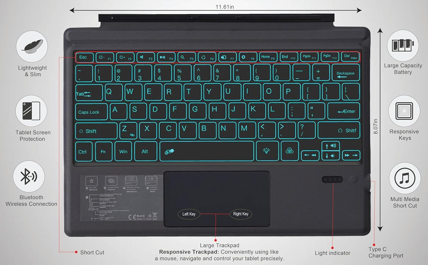 Wireless Keyboard Type Cover with Trackpad for Microsoft Surface Pro 7 6 5 4 3 W933743