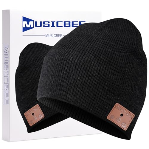 beanie Bluetooth, MUSICBEE Bluetooth V5.2 Wireless Knit Winter Cap, 24 Hour Play time, Built-in Microphone and HD Stereo Speakers(White