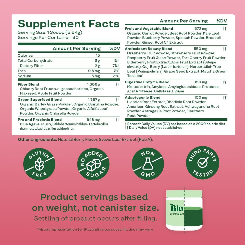 Bloom Nutrition Superfood Greens Powder with Probiotics, Berry + Bovine Colostrum F15806
