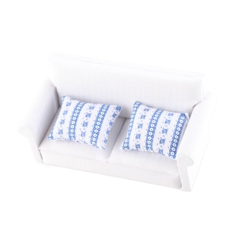 Miniature Sofa Set for 1/12 Dollhouse Living Room, Quality Wooden Furniture and Accessories, 2-Seat Mini Sofa with Blue Flower Pattern Cushion (Double sofa with cushions)