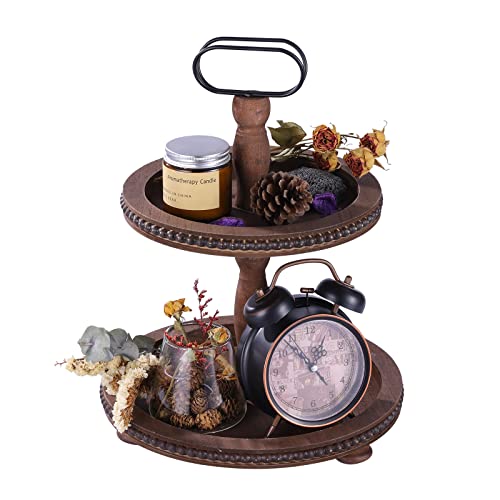 Urban Deco Wooden Decorative Tray Two Tiered Tray Decorations Round Serving Tray with Metal Handle, Wooden Cupcake Stand for Party Tiered Dessert Stand - Dark Brown Farmhouse Wooden Tray