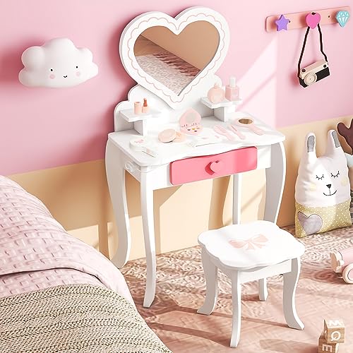 Costzon Kids Vanity Set 2 in 1 Princess Makeup Dressing Table & Chair with Detachable Tri-fold Mirror, White M683