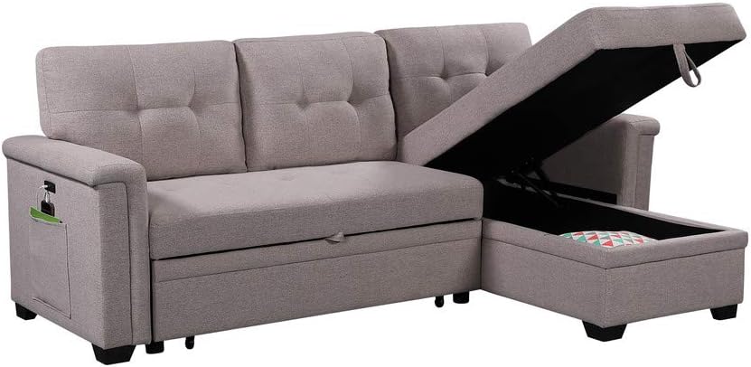 Sectional Sleeper Sofa with Storage Chaise and Pull Out Bed, Linen Tufted Upholstered Convertible Corner Couch for Living Room, Home Furniture, Apartment, 84", Light Gray-1