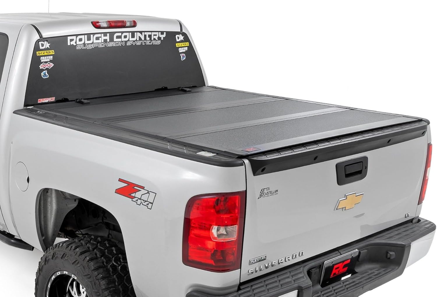 Rough Country Hard Tri-Fold Flip Up Truck Bed Tonneau Cover for Chevy Silverado 1500/GMC Sierra 1500 (2007-2013) - Fits 5'9 (69.3") Bed w/Rail Caps
