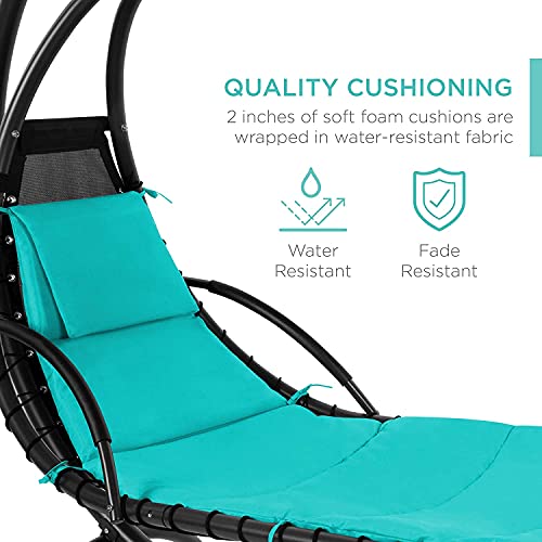 Outdoor Hanging Curved Steel Chaise Lounge Swing with Pillow and Canopy, Teal B7476