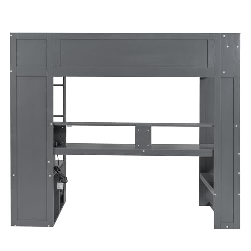 Wood Twin Size Gaming Loft Bed with Desk and Charging Station, Dark Gray A9765
