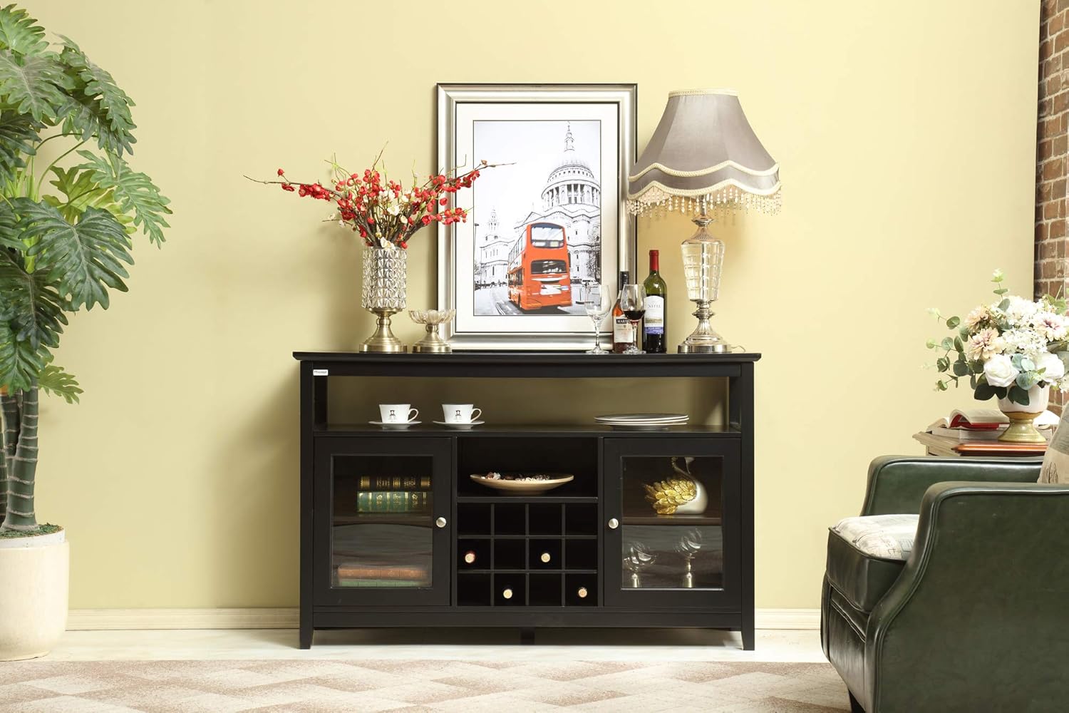 52" Wooden Sideboard with Wine Rack and Adjustable Shelves, Black O356300