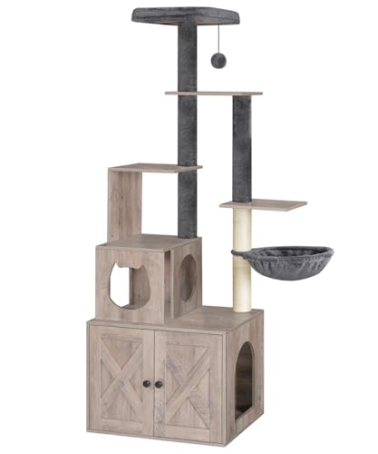 HOOBRO Cat Tree with Litter Box Enclosure, 67.7" H Wooden Multifunctional Pet Furniture with Hidden Litter Box, Perch, Hammock and Scratching Post, Cat Tower for Indoor Cats, Greige BG75MZ03