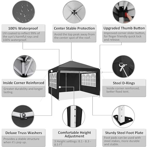 10x10 Pop Up Canopy Tent with 4 Removable Sidewalls, Waterproof, Black Q535