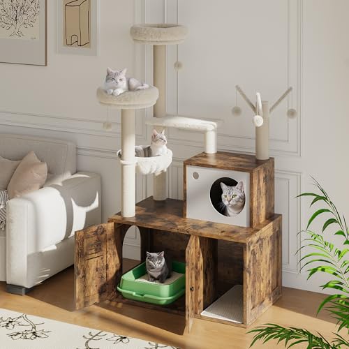 Cat Litter Box Enclosure with Cat Tree Tower, Sisal Scratching Post, Rustic Brown U730