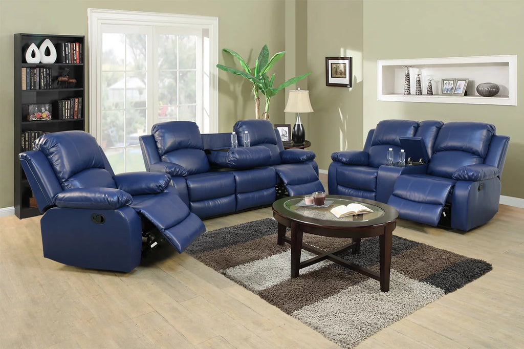 Ainehome Recliner Sofa & Loveseat Set with Drop Down Table, Blue Bonded Leather W980549