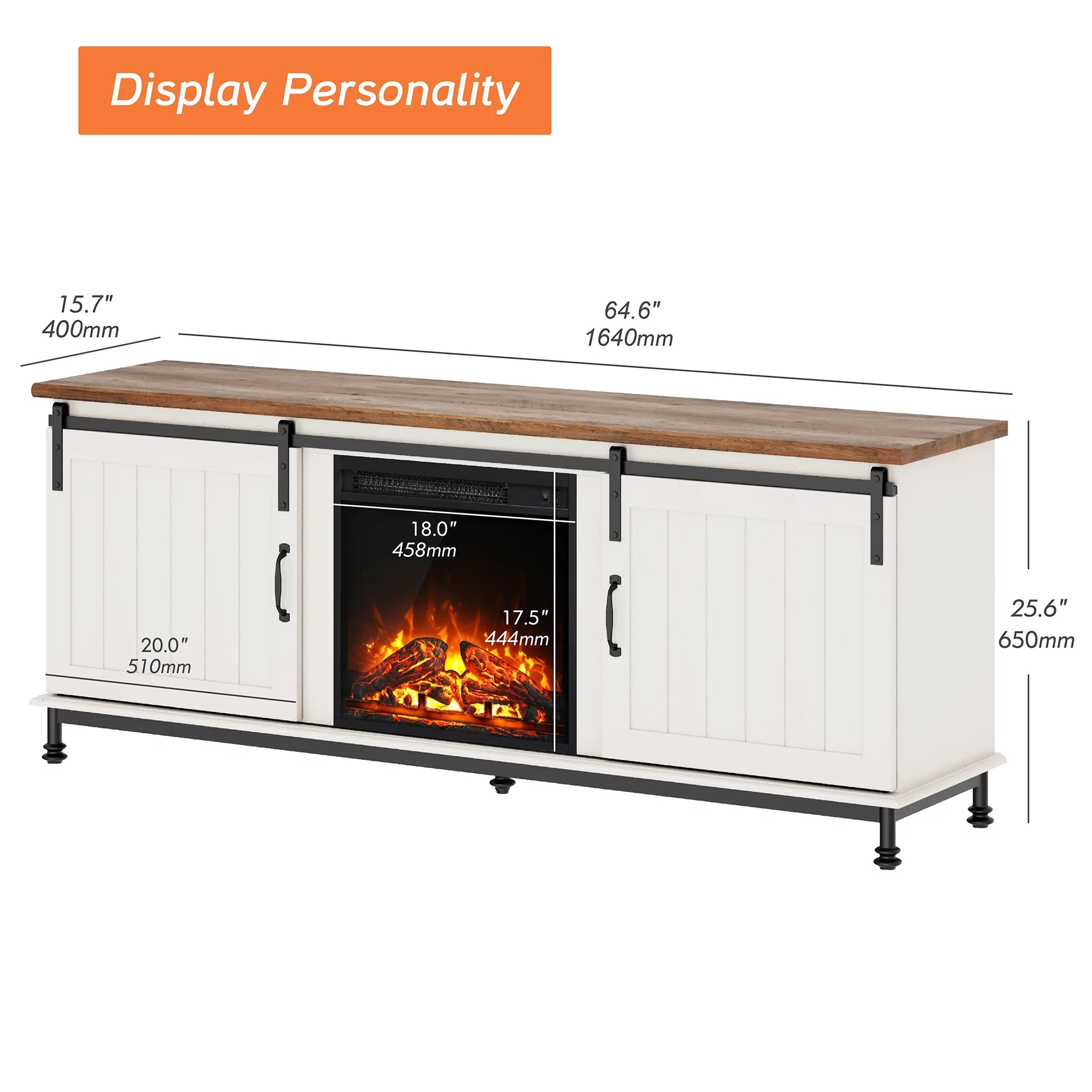 WAMPAT TV Stand with Electric Fireplace for 65 75 Inch TV, Sliding Barn Door, White I8331