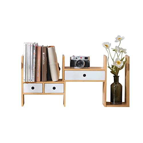 Bookcase Bamboo Desktop Bookshelf with Drawer Expandable Desk Organizer Multifunctional Display Shelf Rack for Office and Home High Capacity, 77*35cm