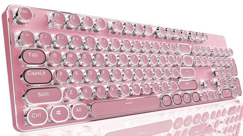 EWEADN TK950 Typewriter Keyboard Wireless Mechanical Keyboard, 104 Keys Aesthetic Typewriter Keyboard with White Backlit, Anti-Ghosting, Blue Switch Bluetooth/2.4GHz/USB-C Wired Cute keyboard-Pink