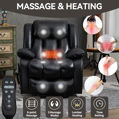 Dual Motor Electric Power Lift Recliner Chair with Vibration Massage, Genuine Leather, Black A6501