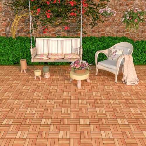 20 Pack Solid Acacia Wood Deck Tiles, Interlocking Outdoor Patio Flooring, 12"x12" Golden Teak Z91235
