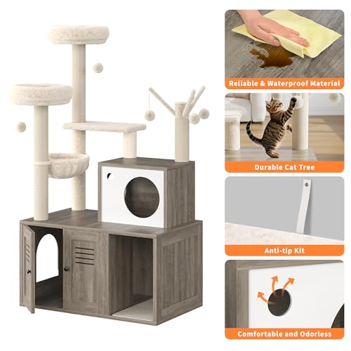 Cat Litter Box Enclosure with Cat Tree Tower, Sisal Scratching Post, Rustic Brown U730