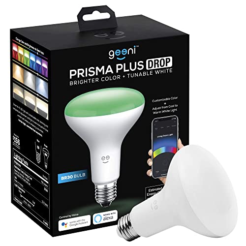 Geeni Prisma Plus BR30 LED Smart Light Bulb, Tunable Hue and Dimmable RGB WiFi Bulb, No Hub Required, Compatible with Alexa and Google Assistant (4 Pack)