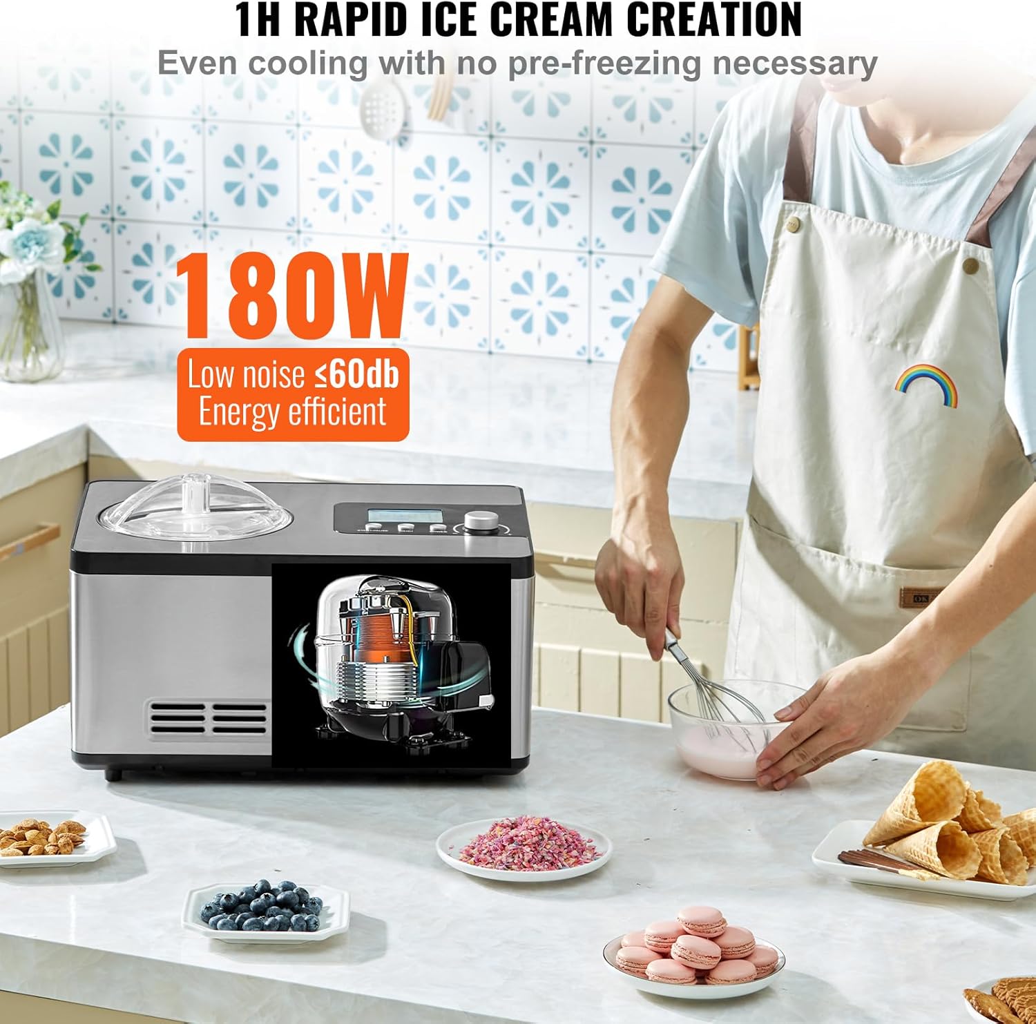 VEVOR Automatic Ice Cream Maker with Built-in Compressor, 2 Quart, Stainless Steel A17990