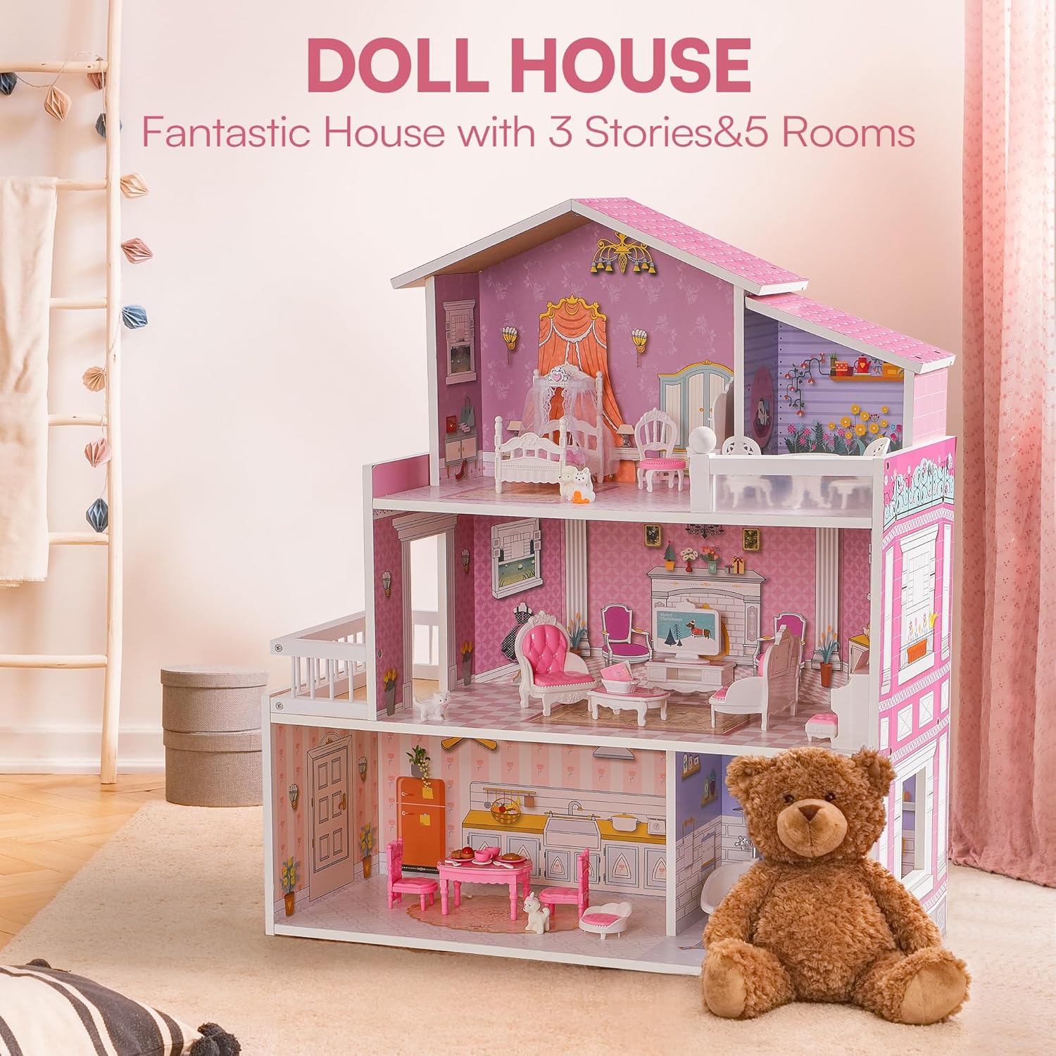 ROBUD Wooden Dollhouse Playset with 24 PCS Furniture for Kids G8520