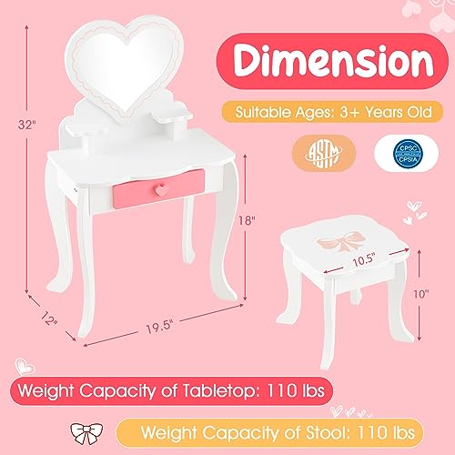 Costzon Kids Vanity Set 2 in 1 Princess Makeup Dressing Table & Chair with Detachable Tri-fold Mirror, White M683