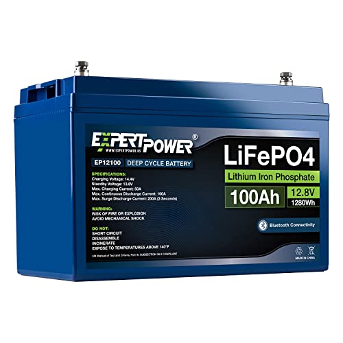 ExpertPower 12V 100Ah Lithium LiFePO4 Deep Cycle Rechargeable Battery | Bluetooth | 2500-7000 Life Cycles & 10-Year Lifespan | Built-in BMS | RV, Van, Solar, Marine, Overland, Off-Grid