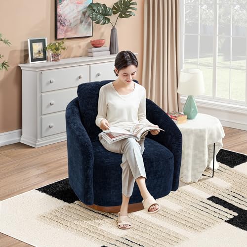 Ivory Chenille Swivel Barrel Chair with Wood Base G693952
