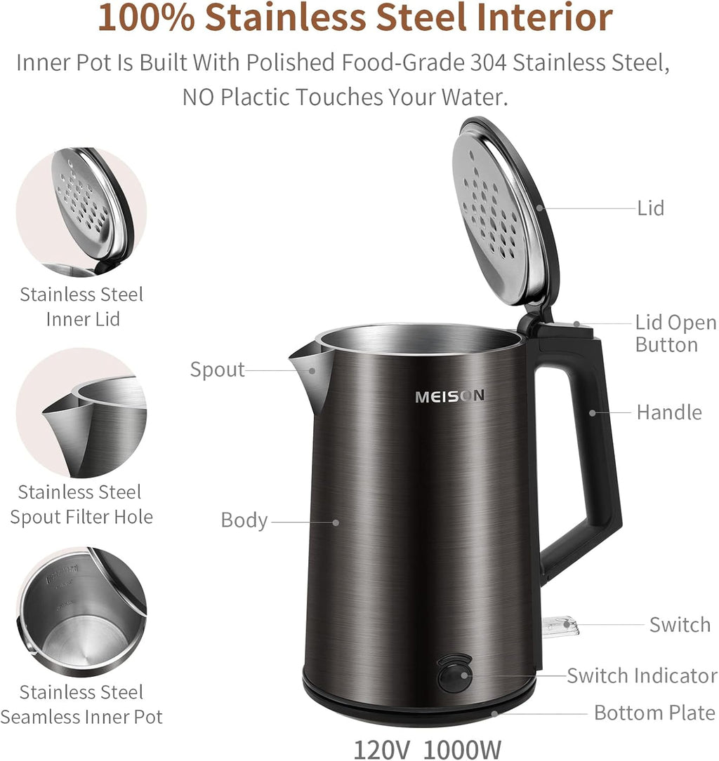 Electric Kettle Stainless Steel 1.0L Double Wall Cool Touch, Auto Shut-Off, Blue A927249