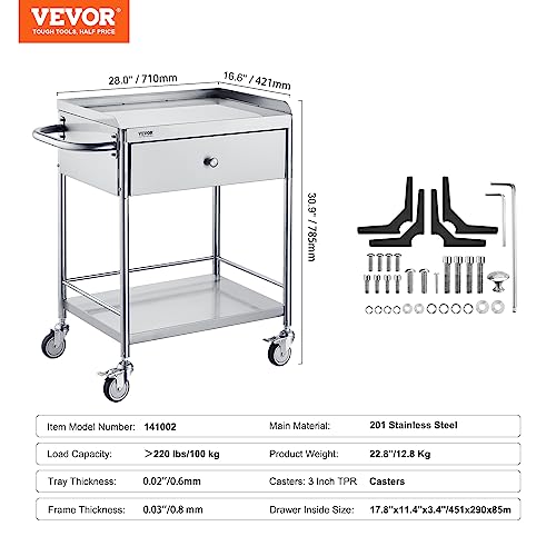 VEVOR Stainless Steel Utility Cart with Wheels, 2 Shelves 1 Drawer L420