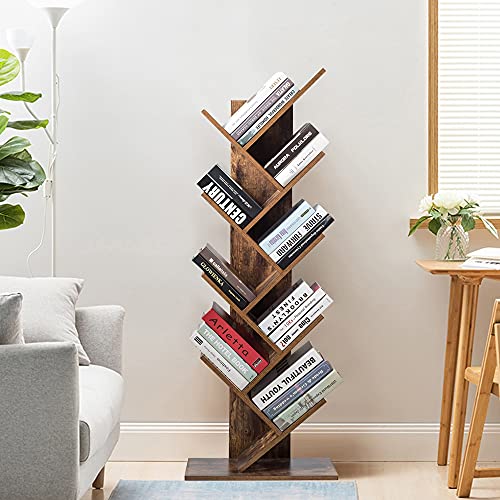 Function Home 9 Tier Tree Bookshelf, Modern Geometric Bookcase, Rustic Brown D254