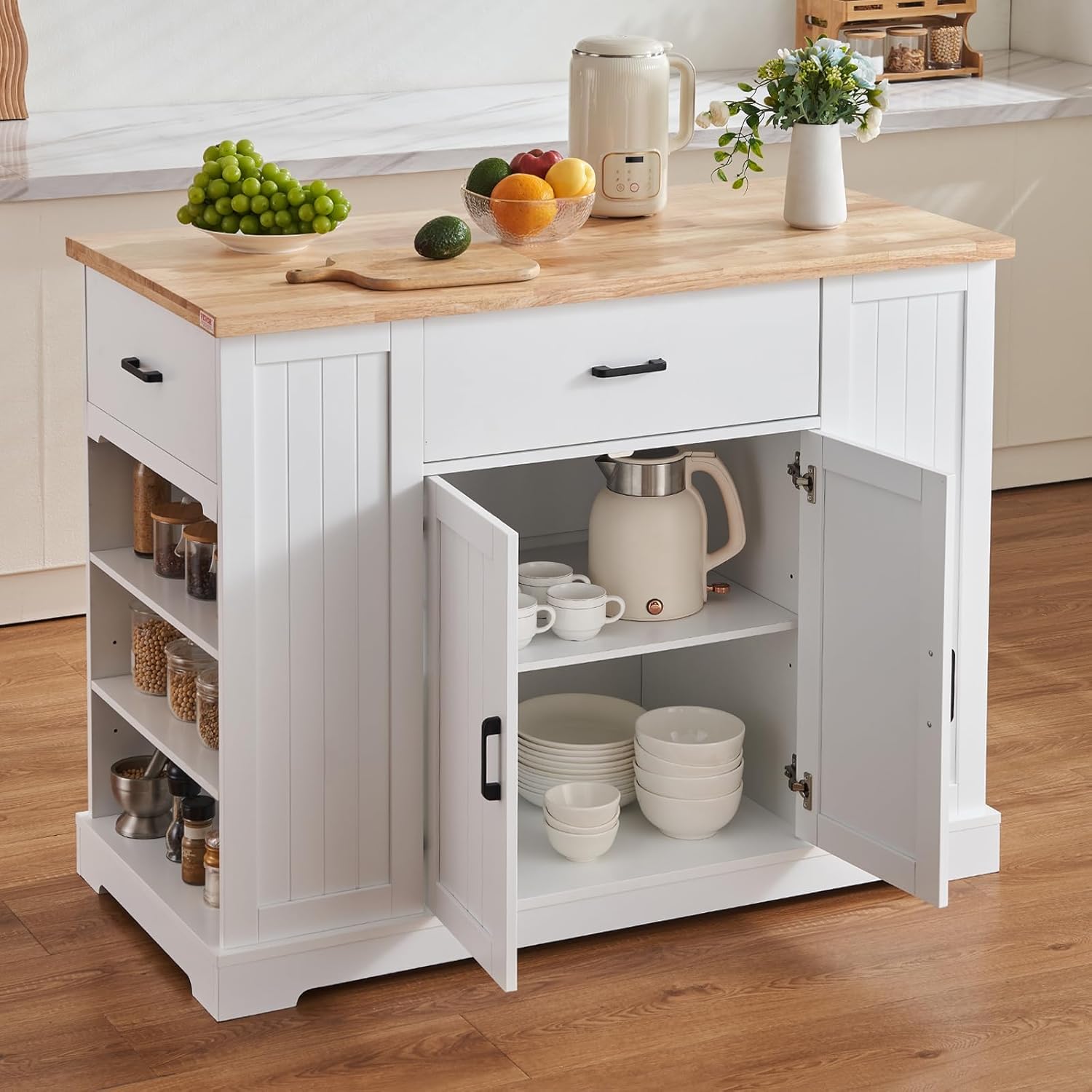 VEVOR Kitchen Island Cart 46" Wood Top Breakfast Bar with Storage Cabinet W280262