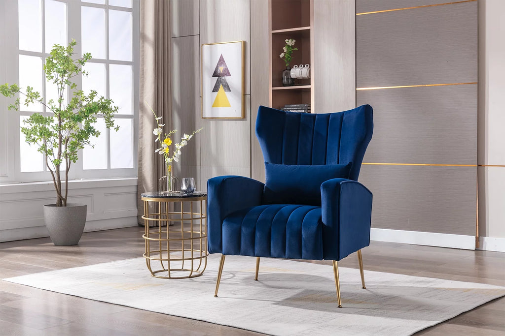 Guyou Velvet Accent Chair, Modern Wingback Armchair with Metal Legs, Navy E69187