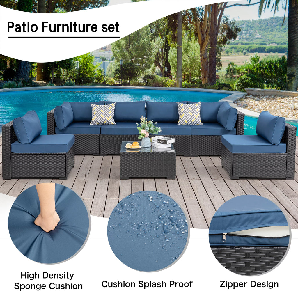 7 Piece Outdoor Sectional Sofa Set with Wicker Frame and Cushions U4327