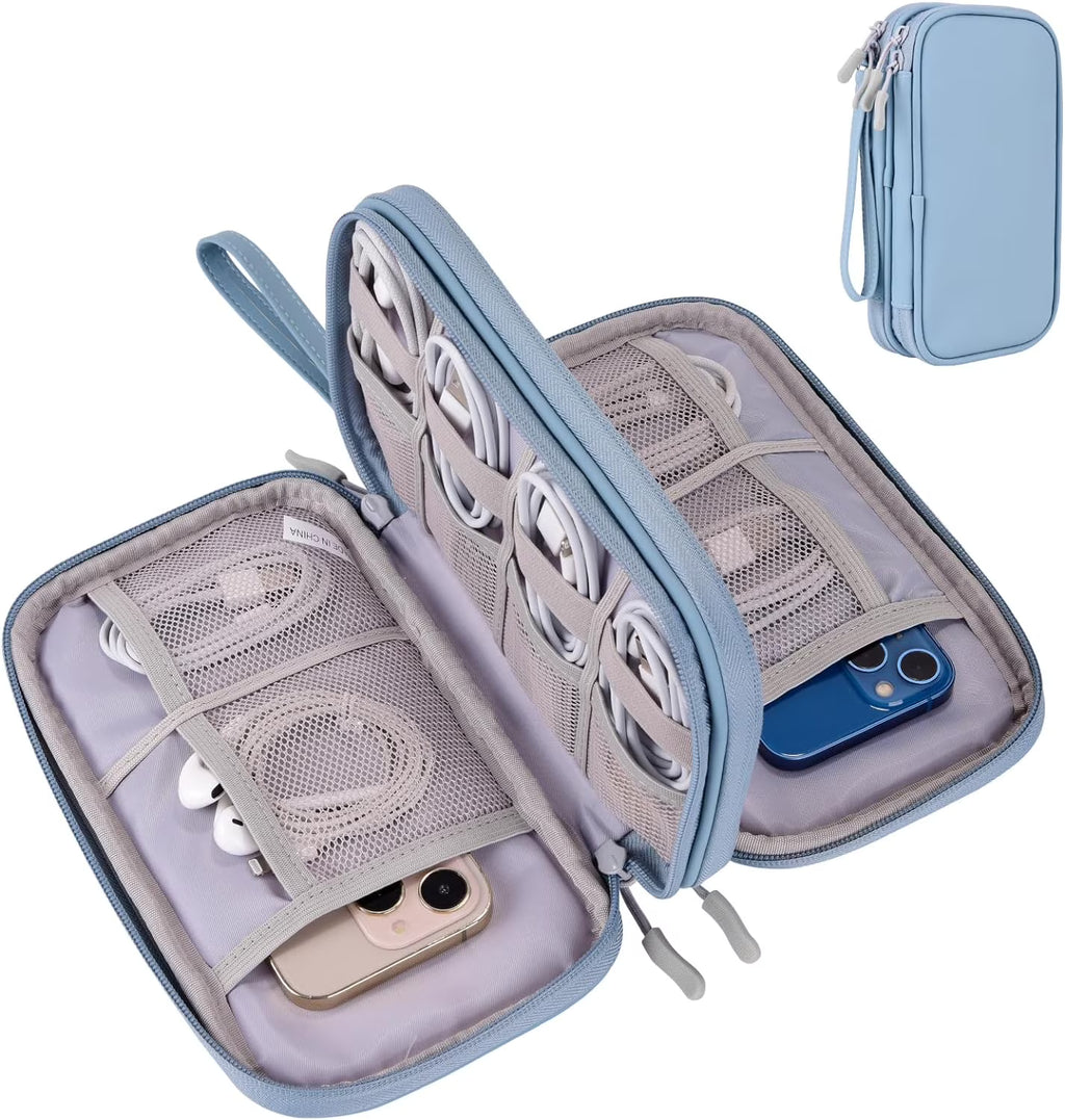 Misty Blue Cable Organizer Bag for Travel, Medium Size Tech Accessories Pouch with Charging Cords &amp; Electronics Storage