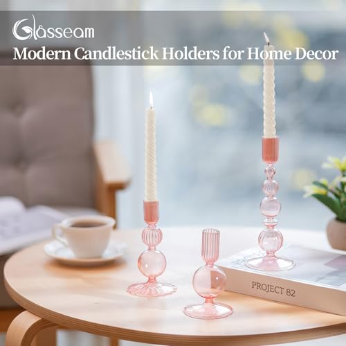 Glasseam Pink Glass Candlestick Holder Set of 3 for Table Centerpiece S2250