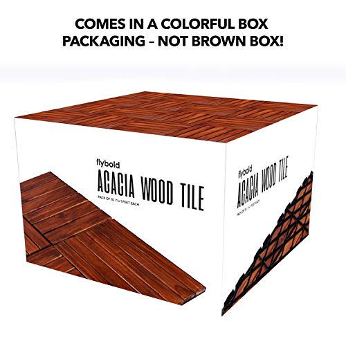 Flybold Interlocking Deck Tiles Teak Wood 12" x 12" Weather Resistant Anti-Slip Patio Pavers Pack of 10 M48059