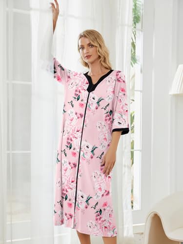 PITINAN Moo Moo Nightgown Zip up House Dress for Women Long Lounge Dress S-3XL K88118
