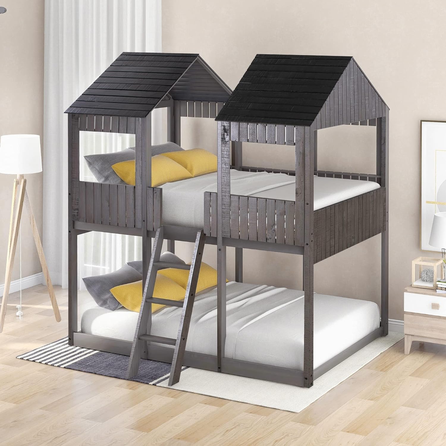 Full Over Full Wooden House Bunk Bed with Roof and Guard Rail, Antique Gray X7490