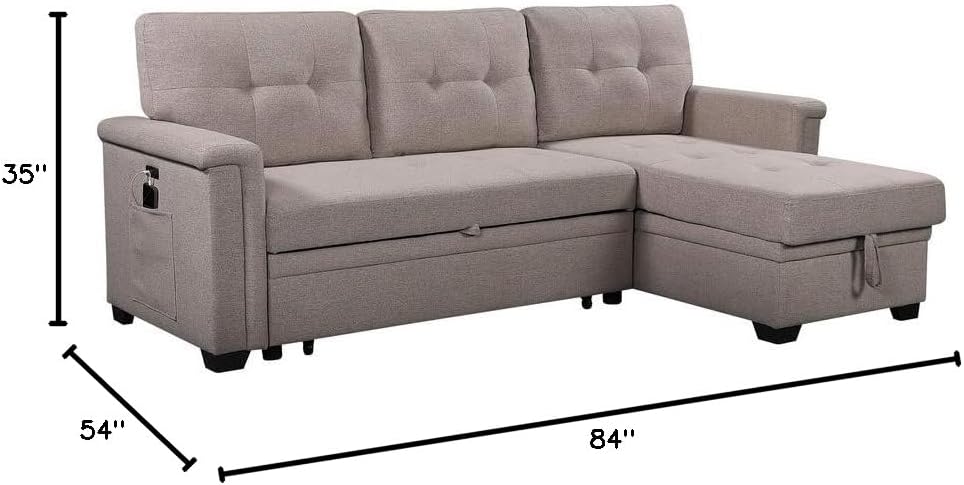 Linen Tufted Sectional Sleeper Sofa with Storage Chaise and Pull Out Bed, Light Gray M466231