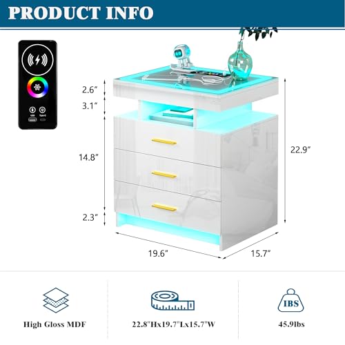 HNEBC LED Nightstand with Wireless Charging Station, 3 Drawers, Black S73582