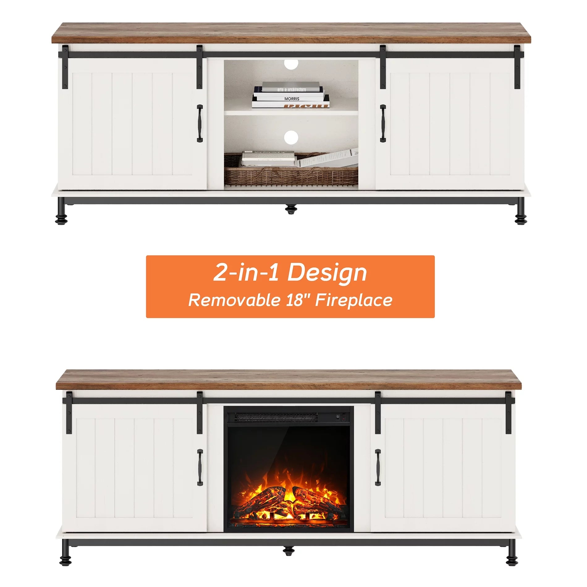 WAMPAT TV Stand with Electric Fireplace for 65 75 Inch TV, Sliding Barn Door, White I8331