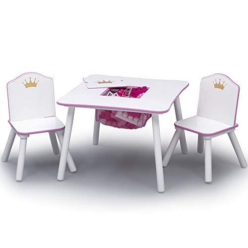 Delta Children Princess Crown Kids Wood Table and Chair Set with Storage & Princess Crown Design & Store 6 Bin Toy Storage Organizer - Greenguard Gold Certified, White/Pink