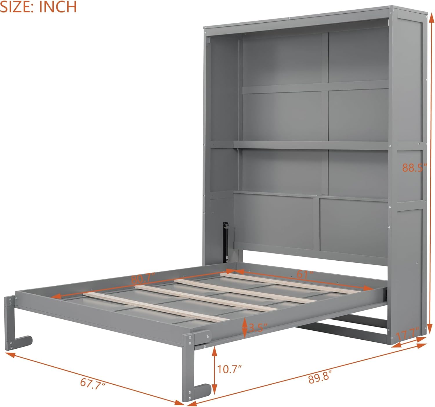 Queen Size Murphy Bed with Shelves, Wall Bed for Small Spaces, Gray H580