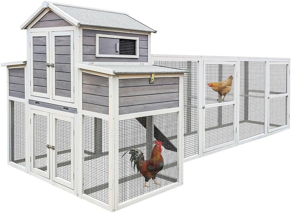 Chicken Coop 150" Extra Large Wooden Hen House, Outdoor Backyard Poultry Cage with Run, Chicken Nesting Box, Pull Out Trays and Anti-Slip Asphalt Ramp, Deluxe Wood Chicken Coops for 6-10 Chickens
